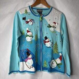 Vintage Berek‎ Women's Medium Blue Zip Cardigan Christmas Sweater Snowmen Beaded